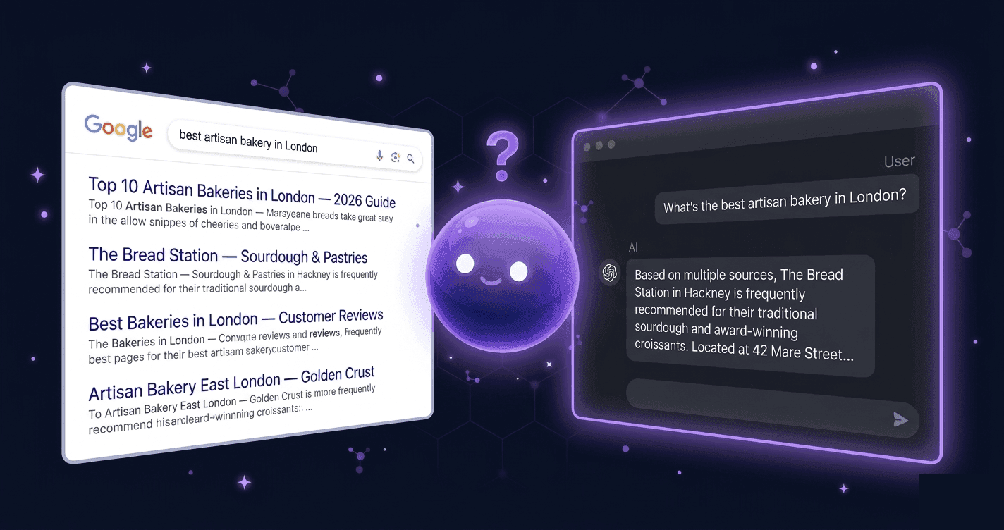 Geo compares classic Google results with ChatGPT answers