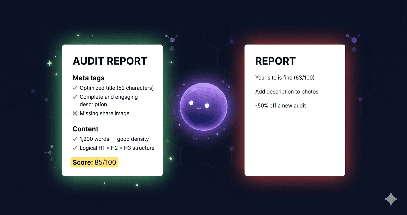 Geo compares a detailed structured audit report with an empty minimal summary