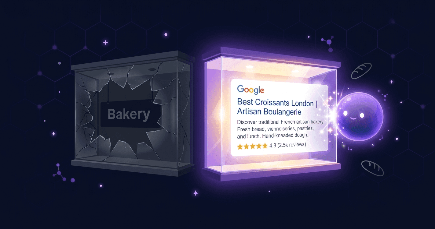 Geo in front of a well-presented bakery storefront vs a broken one — meta tags metaphor