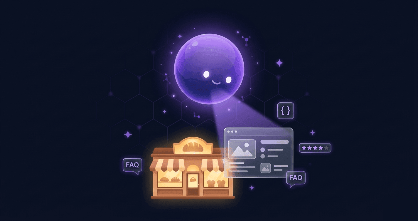 Geo, the TryGEO mascot, scans a bakery website to analyze its AI visibility